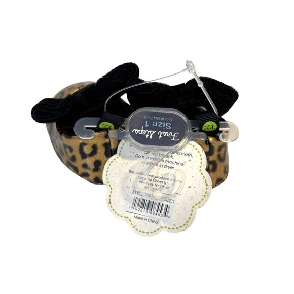 First Steps Gold Leopard Baby Girl Mary Jane Shoes Black Velvet Bows (0-3mo) - Picture 4 of 9